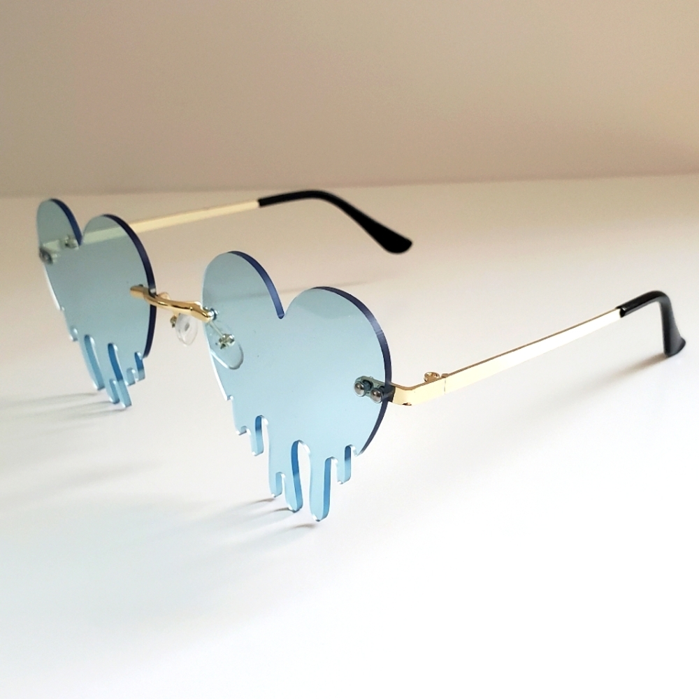 ENTHYI Melting Heart Sunglasses Unisex Rimless Costume Party Unique Blue Lense